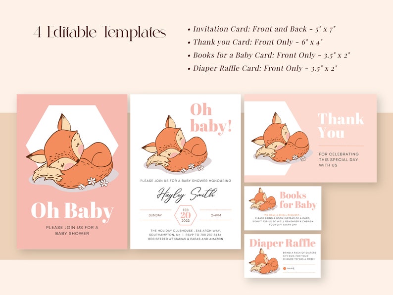 Fox Baby Shower Invitation Pack, Baby Fox Boy Girl, Printable, Editable ...