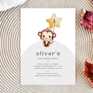 Modelo de convite de aniversário de macaco, convite de primeiro aniversário, convite fofo de primeiro aniversário, modelo de convite de aniversário CANVA para impressão