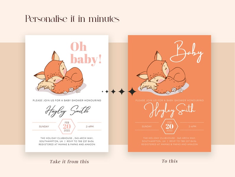 Fox Baby Shower Invitation Pack, Baby Fox Boy Girl, Printable, Editable ...