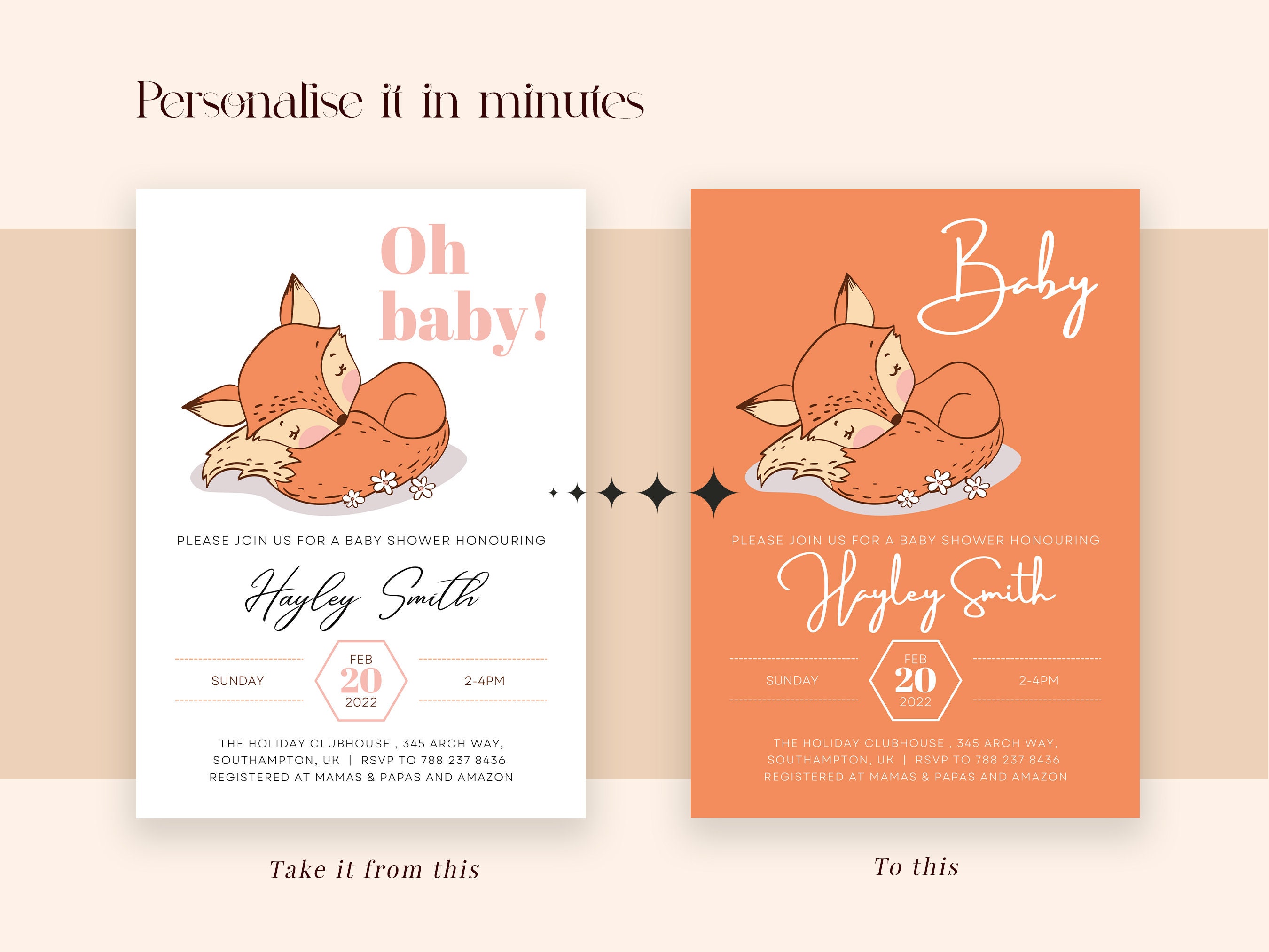 Fox Baby Shower Invitation Pack, Baby Fox Boy Girl, Printable, Editable ...