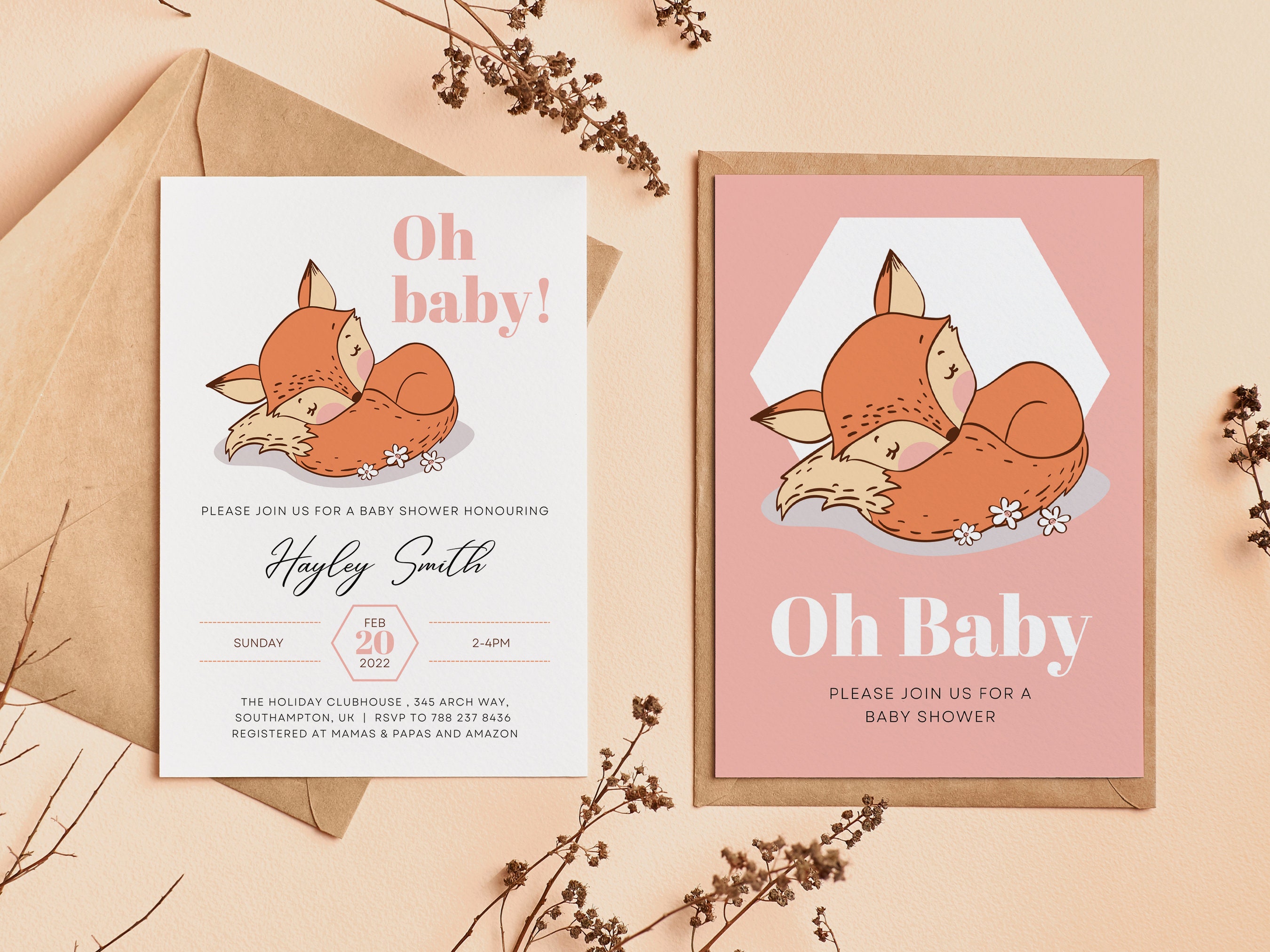 Fox Baby Shower Invitation Pack, Baby Fox Boy Girl, Printable, Editable ...