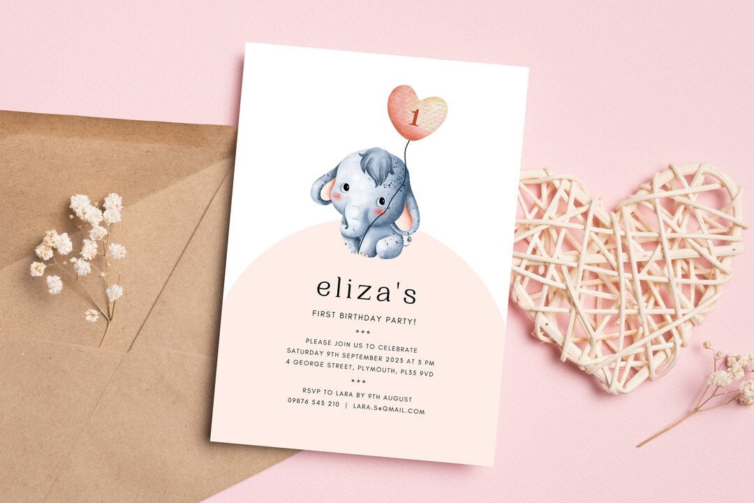 Elephant Birthday Invitation Template, 1st Birthday Invitation, Cute