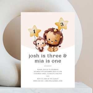 Gemeinsame Geburtstagseinladung Vorlage, Baby Affe & Löwe Geburtstagseinladung Vorlage, Niedliche Geburtstagseinladung, Geschwister B'day Invite, CANVA Vorlage