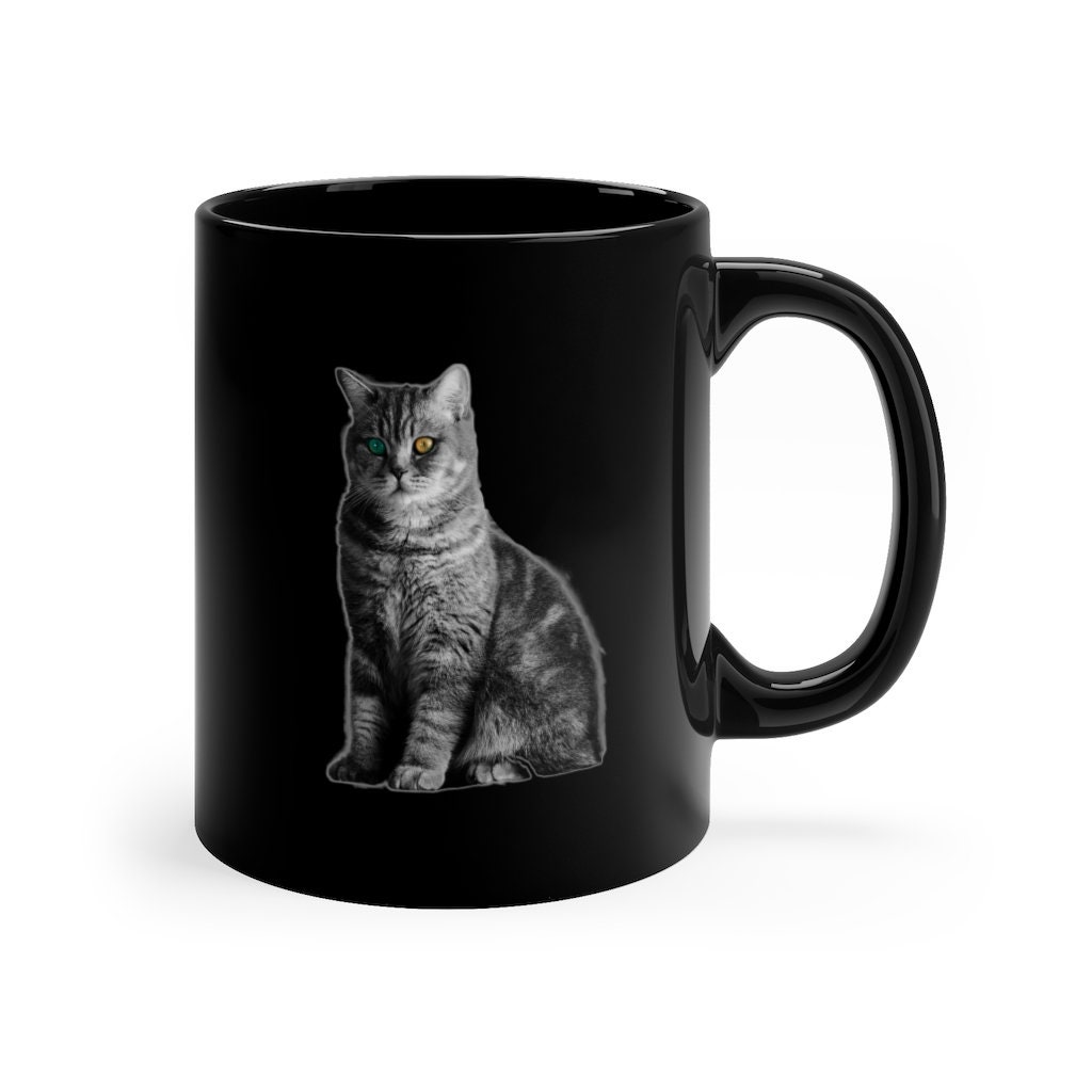 Mug Pour Chat/Mug Noir Visage Photo et Blanc Aux Yeux Verts Couleur Les Yeux