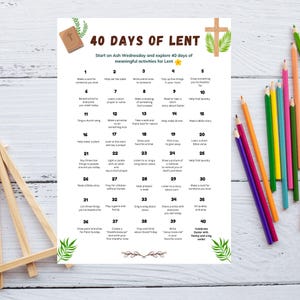 Conto alla rovescia del calendario di 40 giorni di Quaresima, foglio di lavoro stampabile per l'istruzione religiosa e in chiesa, attività di Quaresima senza schermo, con carta di gratitudine bonus