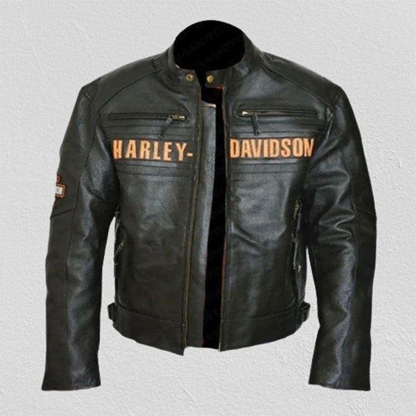 Blouson en cuir de vachette HD Bill pour homme - Blouson moto en cuir noir haut de gamme fait main