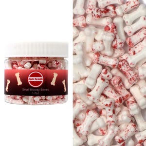 May include: A clear jar filled with white bone-shaped sprinkles with red splatter, labelled "Small Bloody Bones 1.7 oz" and "Mystic Sprinkles".