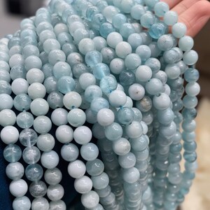 15.5” Full Strand of Genuine Aquamarine Beads – Natural Round Smooth Semi-Precious Healing Stones in 6mm Sizes