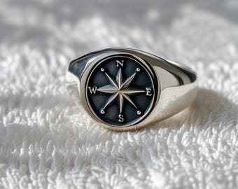 Anillo con sello de brújula: joyería náutica de plata de ley, anillo de viajero hecho a mano para hombre y mujer, regalo de rosa de los vientos direccional.