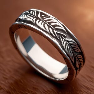 Handcrafted Silver Feather Ring–Nature-Inspired Band, Rustic Leaf Jewelry, Boho Chic Gift for Him or Her, Sterling Silver Ring, Unique Ring