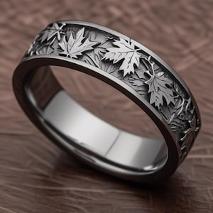 Ahornblatt Band -Wald inspiriertMenRing,Silber Natur Ehering,rustikaler Wald Schmuck,Herbstblatt Detail,einzigartiges Geschenk für Ihn