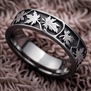 Handgefertigter Ahornblattring aus Titan, von der Natur inspirierter Trauring für Männer-Frauen, rustikaler Waldschmuck, einzigartiger Waldring