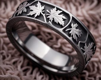 Anillo de hoja de arce de titanio artesanal. Alianza de boda inspirada en la naturaleza para hombre y mujer. Joyería rústica de bosque. Anillo único de bosque.