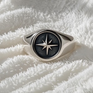 Sterling Silver Compass Star Ring – North Star Signet Jewelry, Nautical Explorer Gift, Handmade Celestial Ring for Him/Her