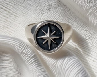 Anillo con sello de la Estrella del Norte: joyería de brújula en plata de ley, regalo para viajeros celestiales, anillo náutico hecho a mano para hombre y mujer.