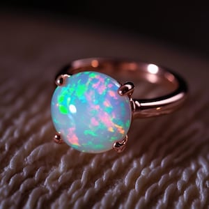 Natural Round Opal Cabochon Solitaire Ring – Classic 4 Prong Design in 14k Yellow Gold – Dainty 6mm Engagement Ring – Solid Gold Jewelry