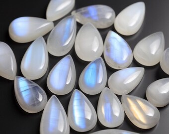 AAA+ Quality Natural Rainbow Moonstone Pear Shape Cabochon - Flat Back Teardrop Gemstones, Calibrated Sizes Available