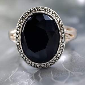 Vintage Marcasite & Onyx Ring - Sterling Silver Art Deco Cocktail Ring, Oval Black Onyx Statement Ring, Gothic Halo Gemstone Jewelry