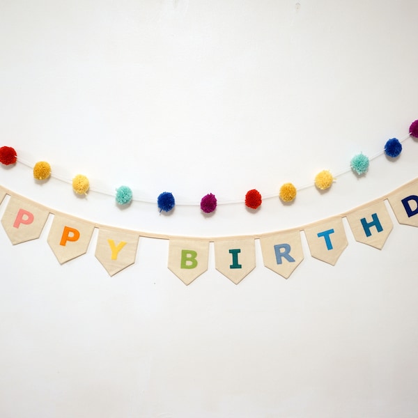 Happy Birthday Bunting Fabric Bunting Party Decorations Felt on Cotton Fabric Happy Birthday Banner Eco Friendly Party Decoration