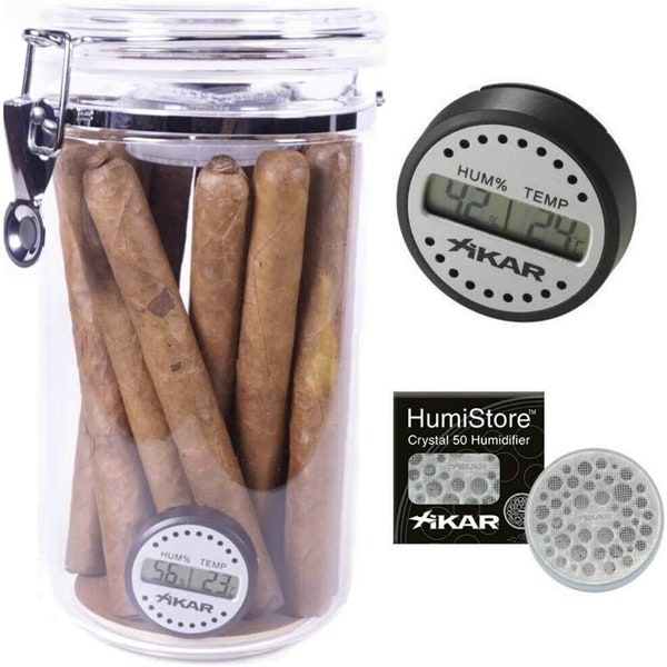 Acrylic Cigar Humidor Jar w/ 1 PuroTemp Digital Hygrometer and 1 Humidifier
