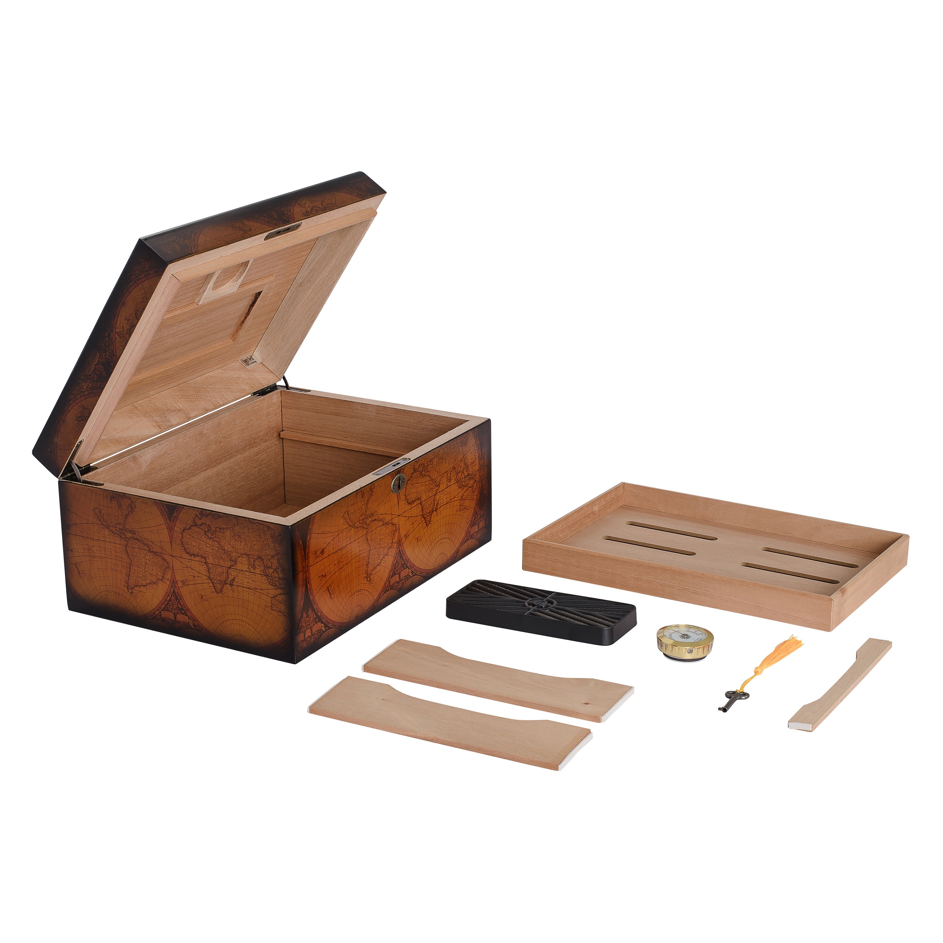 Old World Desktop Cigar Humidor, Walnut Finish, Spanish Cedar Tray, 3