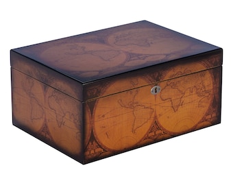 Old World Desktop Cigar Humidor, Walnut Finish, Spanish Cedar Tray, 3 Dividers, Hygrometer, Lock And Key, Holds Up To 100 Cigars