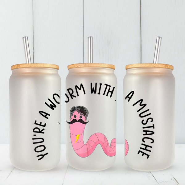 Glass Tumbler | 16 oz | Sandoval | Worm with a mustache | Sublimation Cup | Bamboo Lid | Glass Straw | Tears | Funny Gift | Vanderpump Rules