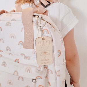 Etiquette cartable et sac à dos personnalisé, porte-clé enfant, école, nounou, crèche, maternelle, bois