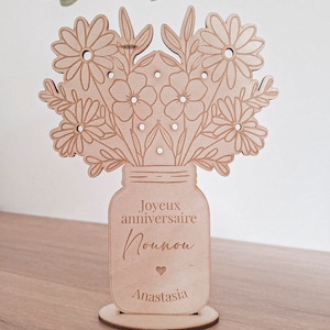 Bouquet de fleurs en bois,Cadeau fête des grands-mères/Maman/Marraine, Cadeau fin d'année scolaire Maîtresse/Nounou/Atsem, déco personnalisé Texte personnalisé
