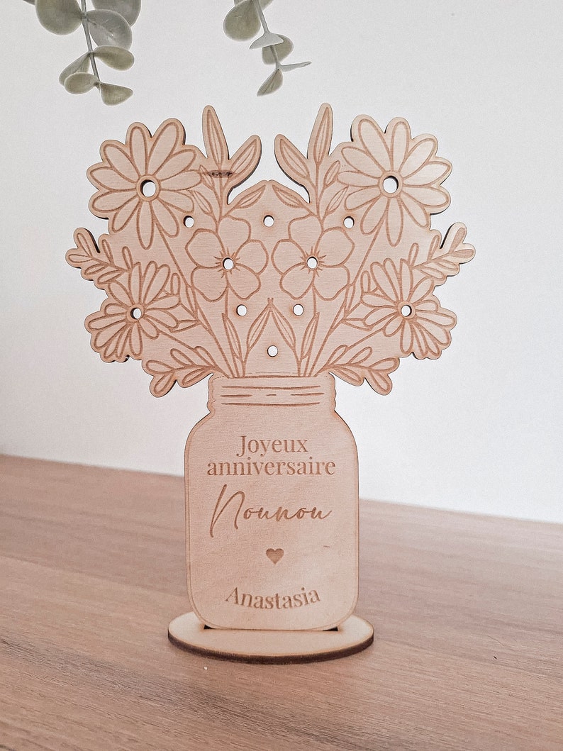 Bouquet de fleurs en bois,Cadeau fête des grands-mères/Maman/Marraine, Cadeau fin d'année scolaire Maîtresse/Nounou/Atsem, déco personnalisé Texte personnalisé