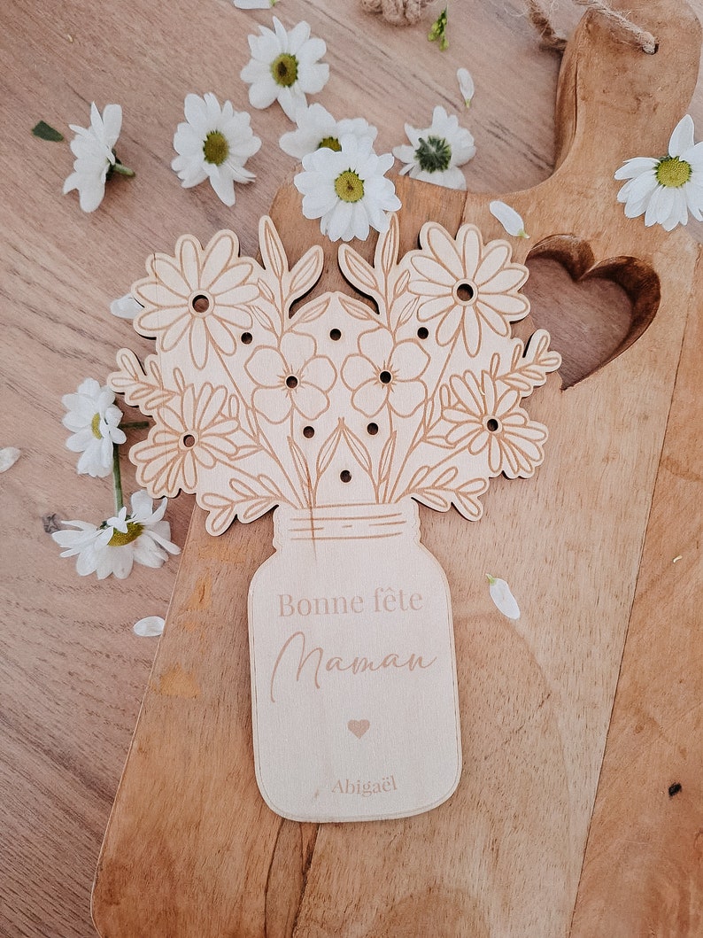Bouquet de fleurs en bois,Cadeau fête des grands-mères/Maman/Marraine, Cadeau fin d'année scolaire Maîtresse/Nounou/Atsem, déco personnalisé image 2