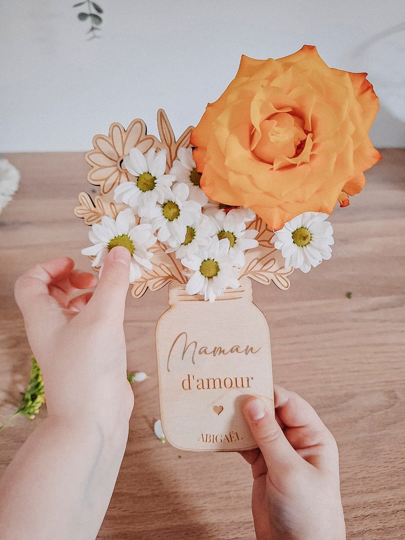 Bouquet de fleurs en bois,Cadeau fête des grands-mères/Maman/Marraine, Cadeau fin d'année scolaire Maîtresse/Nounou/Atsem, déco personnalisé Bonne fête