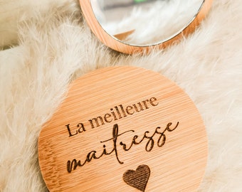 Miroir de poche, idée cadeau personnalisé - mariage, noël, fêtes, maman, grand-mère, tata, marraine, nounou/maîtresse/atsem - gravure laser