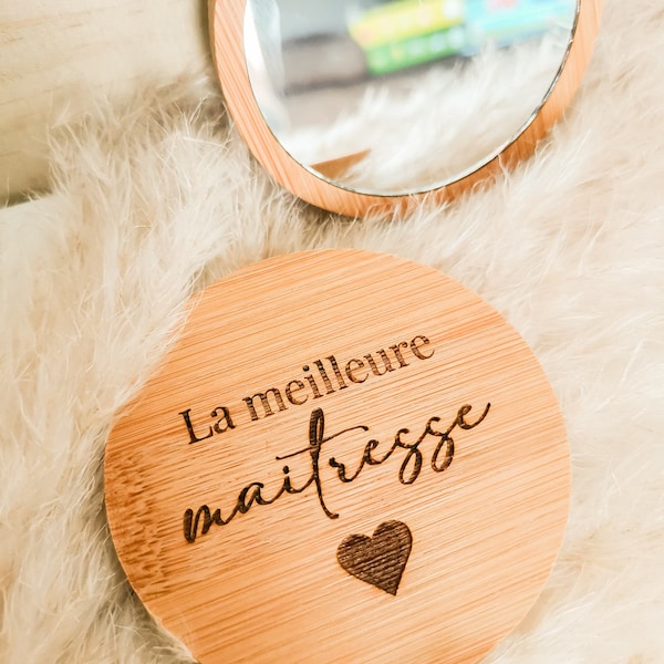 Miroir de poche, idée cadeau personnalisé - mariage, noël, fêtes, maman, grand-mère, tata, marraine, nounou/maîtresse/atsem - gravure laser