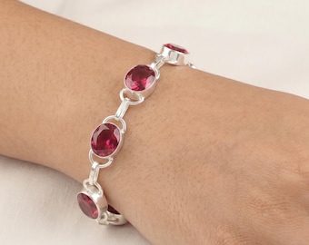 Pink Tourmaline Silver Bracelet, 925 Sterling Silver Adjustable Chain Bracelet, Dainty Pink Gemstone Jewelry Gift for Her