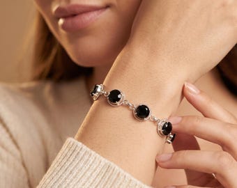 Pulsera de ónix negro, joyería gótica de plata de ley 925, pulsera de cadena ajustable con piedra negra natural, regalo de aniversario, artesanía hecha a mano.