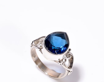 London Blue Topaz Gemstone Ring, Blue Statement  925 Sterling Silver Jewelry, Wedding Gift