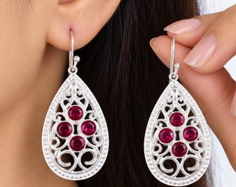 Brincos de rubelita rosa, brincos pendentes com pedra preciosa rosa em prata de lei 925, design delicado em filigrana, pedra do mês de outubro, presente de Natal.