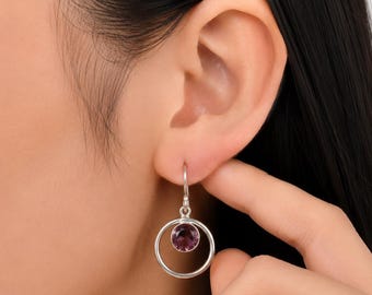 Rhodolith Granat Tropfen Ohrringe, 925 Sterling Silber Ohrhänger, handgemachter lila Edelstein Schmuck, Januar Geschenk für Frauen