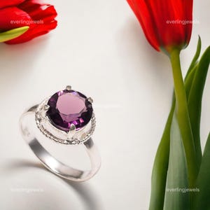 Precious Amethyst Ring Size 9 1/2, Purple Gemstone Ring, Stackable Ring, 925 Sterling Silver Jewelry, Wedding Anniversary Gift, Ring For Her