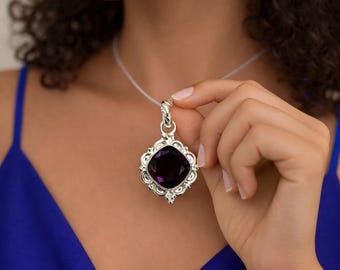 Afrikansk ametist ädelsten Boho hänge, handgjorda smycken i 925 sterlingsilver, förlovningspresent till fru