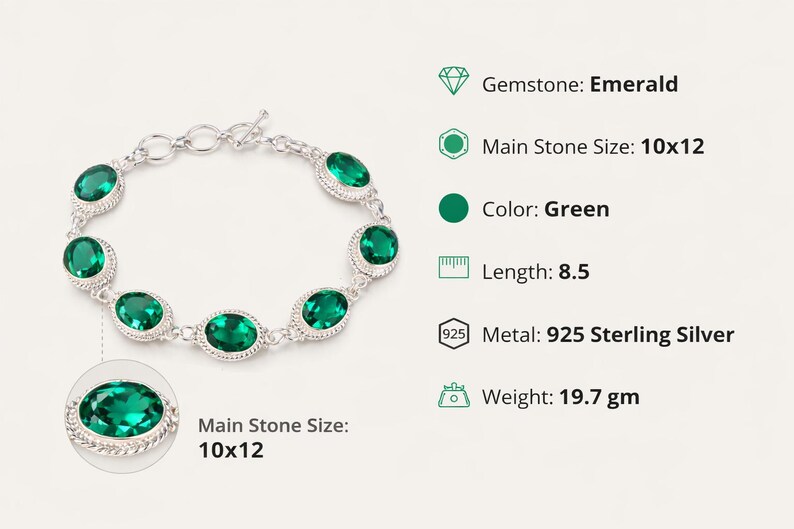 Emerald Gemstone Bracelet, 925 Sterling Silver, May Birthstone Gift image 3
