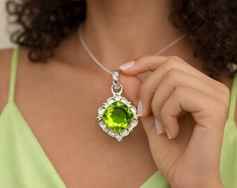 Natural Peridot Gemstone Pendant , Sterling Silver Necklace, August Birthstone Jewelry For Birthday Gift
