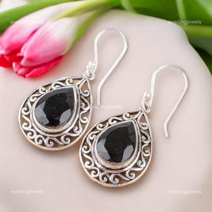 Rare Black Onyx Earrings, Black Gemstone Earrings, Drop & Dangle Earrings, 925 Sterling Silver Jewelry, Wedding Gift, Earrings For Mother