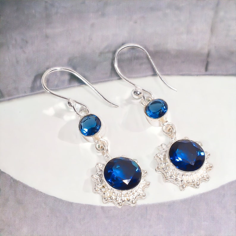 Vintage Natural London Blue Topaz Earrings, Blue Drop & Dangle Earrings, 925 Sterling Silver Jewelry, Anniversary Gift, Earrings For Mother image 1