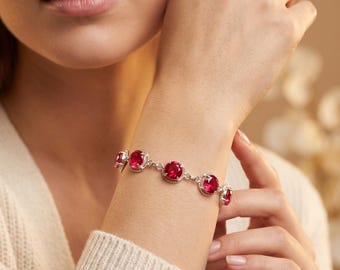 Pink Tourmaline Bracelet, Sterling Silver Gemstone Jewelry, Round Cut Crystal Chain Bracelet, Birthday Gift for Her