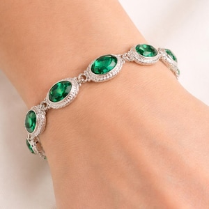 Emerald Gemstone Bracelet, 925 Sterling Silver, May Birthstone Gift image 1