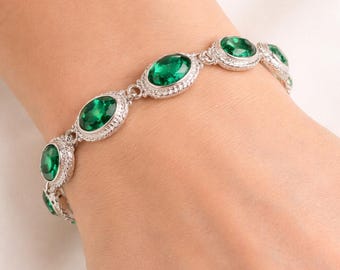 Emerald Gemstone Bracelet, 925 Sterling Silver, May Birthstone Gift
