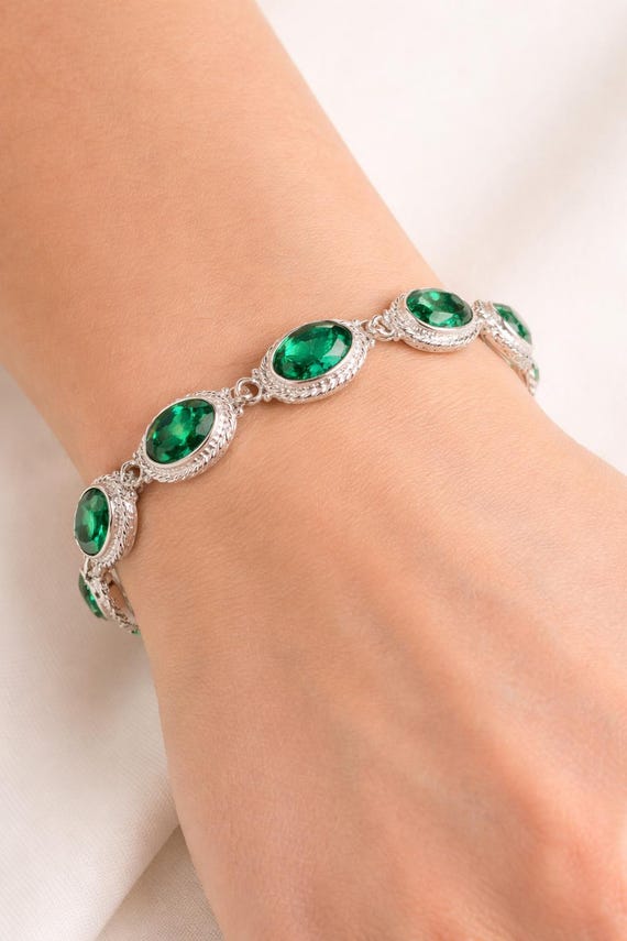 Emerald Gemstone Bracelet, 925 Sterling Silver, May Birthstone Gift