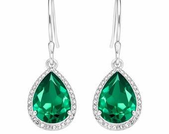 Emerald Pear Drop Earrings: May Birthstone, Sterling Silver Earring 1.80", Anniversary Gift